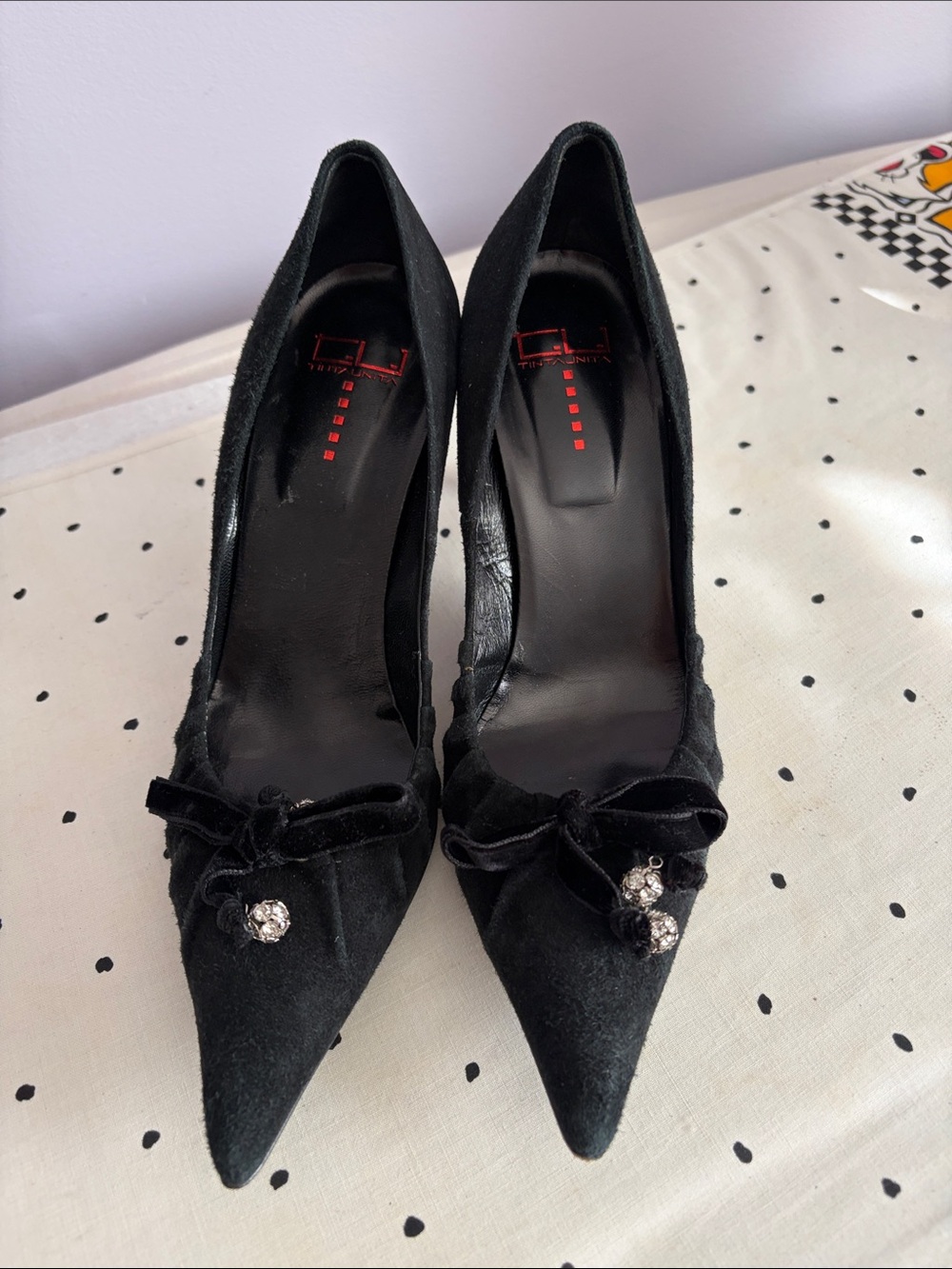 Black Suede Pumps with Velvet Bows and crystals
